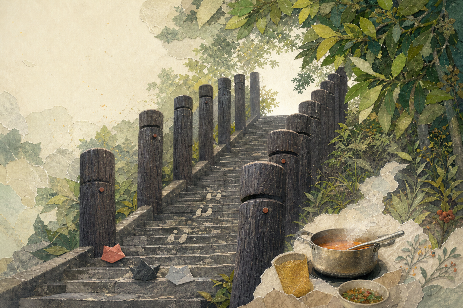 没有山顶的纸艺山路，旁边有三色折纸、两组脚印和小火锅